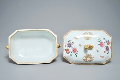 A Chinese monogrammed famille rose tureen and cover on stand, Qianlong