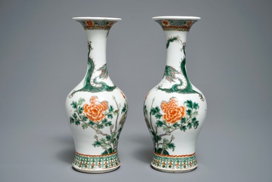 A pair of Chinese famille verte 'dragon and phoenix' vases, Kangxi mark, 19th C.