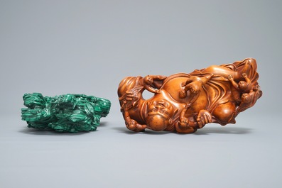 Two carved malachite and wood groups with Buddha and Guanyin with children, 19th C.