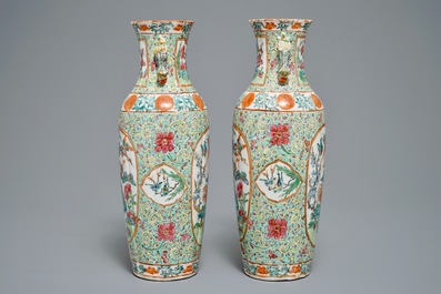 A pair of Chinese famille rose turquoise-ground vases, 19th C.