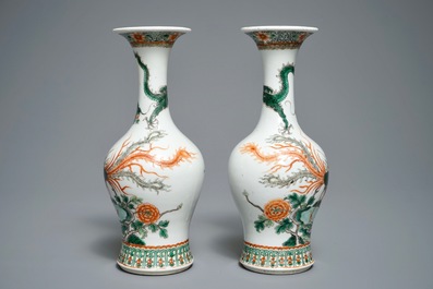 A pair of Chinese famille verte 'dragon and phoenix' vases, Kangxi mark, 19th C.