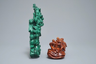 Two carved malachite and wood groups with Buddha and Guanyin with children, 19th C.