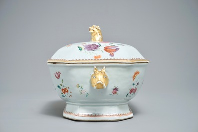 A Chinese monogrammed famille rose tureen and cover on stand, Qianlong