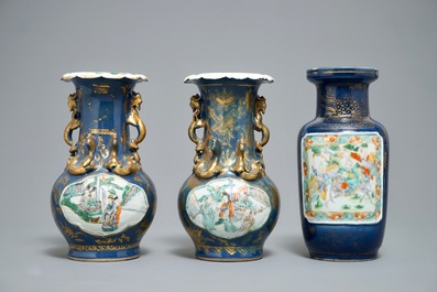 Three Chinese famille verte on gilt blue-ground vases, 19th C.