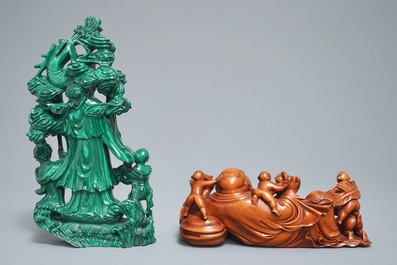 Two carved malachite and wood groups with Buddha and Guanyin with children, 19th C.