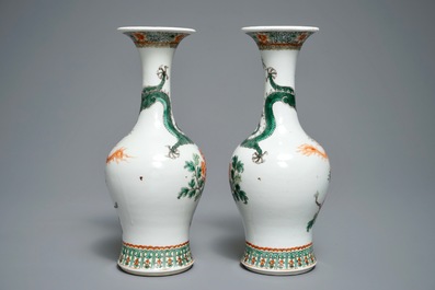 A pair of Chinese famille verte 'dragon and phoenix' vases, Kangxi mark, 19th C.