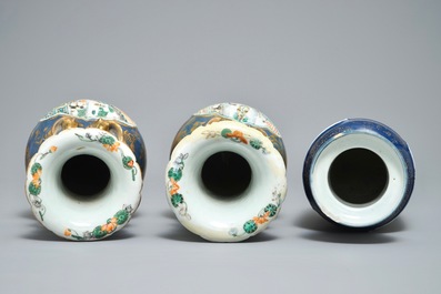 Three Chinese famille verte on gilt blue-ground vases, 19th C.