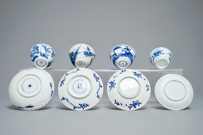 Two Chinese famille verte and Imari-style plates and four cups and saucers, Kangxi and later