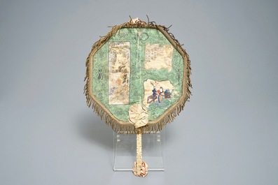 Two Chinese ivory-handled fans with embroidered silk and painted paper, Canton, 19th C.