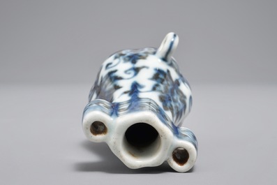 A Chinese blue and white birdfeeder shaped as an arrow vase, Xuande mark, Ming or later