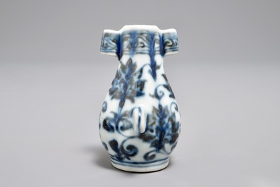 A Chinese blue and white birdfeeder shaped as an arrow vase, Xuande mark, Ming or later