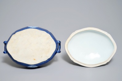 A Chinese powder blue tureen and cover on stand, 19th C.