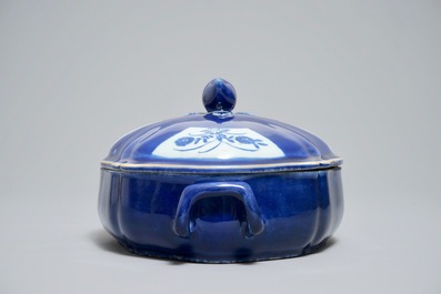 A Chinese powder blue tureen and cover on stand, 19th C.