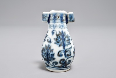 A Chinese blue and white birdfeeder shaped as an arrow vase, Xuande mark, Ming or later