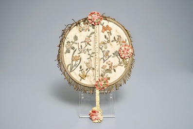 Two Chinese ivory-handled fans with embroidered silk and painted paper, Canton, 19th C.