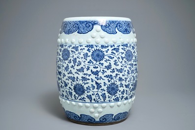 A Chinese blue and white 'lotus scroll' garden seat, Qianlong