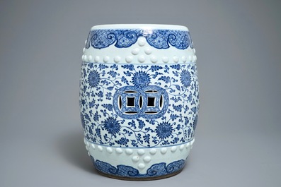 A Chinese blue and white 'lotus scroll' garden seat, Qianlong