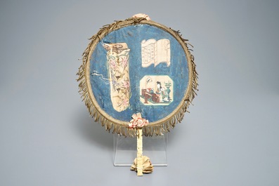 Two Chinese ivory-handled fans with embroidered silk and painted paper, Canton, 19th C.