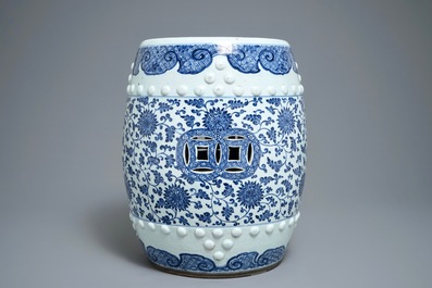 A Chinese blue and white 'lotus scroll' garden seat, Qianlong