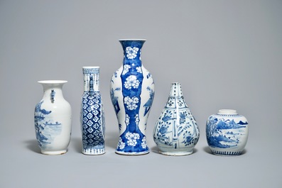 Five various Chinese blue and white vases, Wanli and 19/20th C.