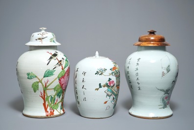 Three Chinese famille rose and qianjiang cai vases, 19/20th C.