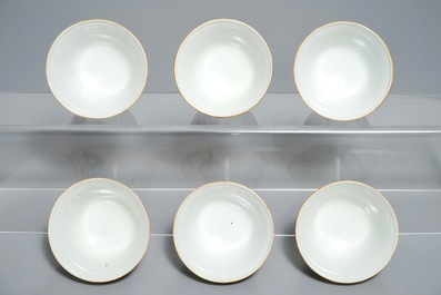 Six Chinese famille rose Wu Shuang Pu covered cups and saucers, Xianfeng mark, 19th C.