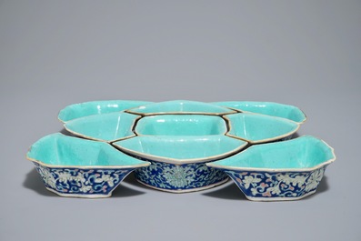 A Chinese nine-piece turquoise-ground sweetmeat set, Tongzhi mark, 19th C.