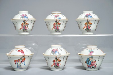 Six Chinese famille rose Wu Shuang Pu covered cups and saucers, Xianfeng mark, 19th C.