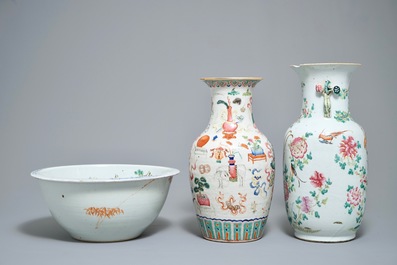 Two Chinese famille rose vases and a large deep bowl, 19th C.