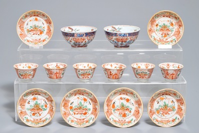 Six Chinese Dutch-decorated Amsterdams bont cups and saucers and two bowls, Kangxi/Qianlong