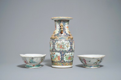 Two Chinese famille rose bowls and a Canton blue-ground vase, 19th C.
