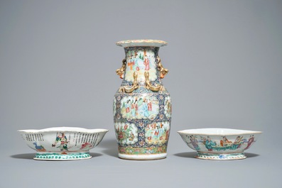 Two Chinese famille rose bowls and a Canton blue-ground vase, 19th C.