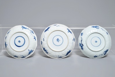 Twaalf Chinese blauwwitte koppen en schotels met floraal decor, Kangxi