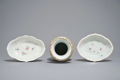 Two Chinese famille rose bowls and a Canton blue-ground vase, 19th C.