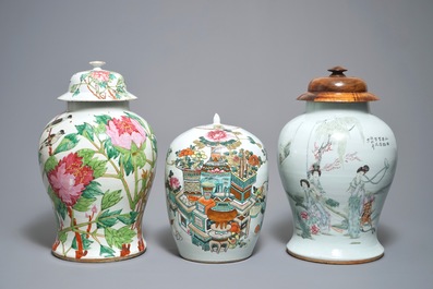 Three Chinese famille rose and qianjiang cai vases, 19/20th C.