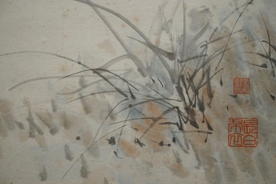 Yan Bolong (1898 -1954), Un coq dans un jardin fleuri, aquarelle sur papier