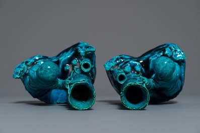 A pair of Chinese turquoise glazed incense holders on wooden stand, 19th C.
