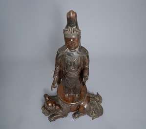 Un grand groupe de Kannon sur Shi-shi en bronze, Meiji, 19&egrave;me