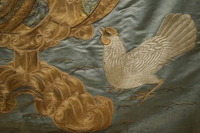 A Japanese silk embroidery depicting a rooster on an o-daiko drum, Edo or Meiji, 19th C.