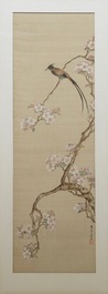 Chinese school, 20th C., A bird on a blossoming branch, watercolour on silk