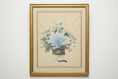Une aquarelle d'un panier fleuri, Chine, Canton, 2&egrave;me moiti&eacute; du 19&egrave;me
