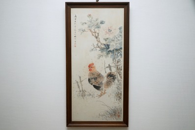 Yan Bolong (1898 -1954), Un coq dans un jardin fleuri, aquarelle sur papier