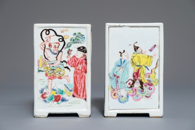 Two Chinese famille rose square brush pots with immortals, Yongzheng