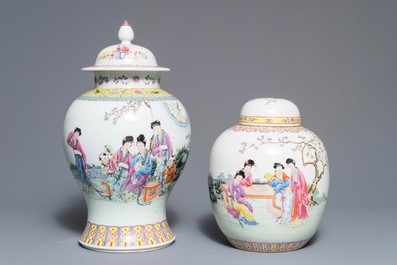 A Chinese famille rose covered jar and vase with fine figural design, Qianlong marks, Republic, 20th C.