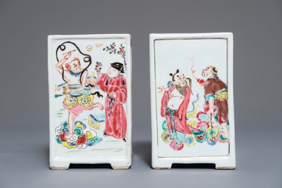 Two Chinese famille rose square brush pots with immortals, Yongzheng
