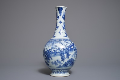 Een Chinese blauwwitte kan met figuratief decor rondom, Transitie periode