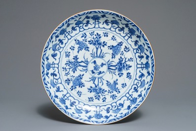 A Chinese blue and white dish and a fish bowl with floral design, Kangxi and 19th C.