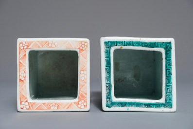Two Chinese famille rose square brush pots with immortals, Yongzheng