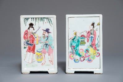 Two Chinese famille rose square brush pots with immortals, Yongzheng