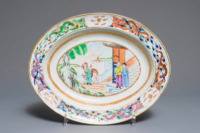 Three Chinese famille rose plates and an oval dish, 18/19th C.